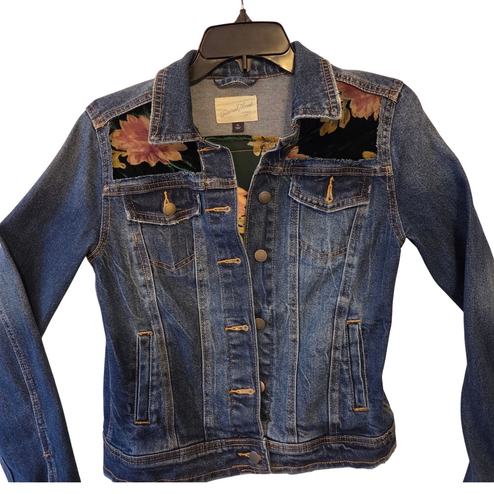 Upcycled Denim Jacket with Floral Sheer Green Panel‎ Inlays Ruffled Sleeves XS